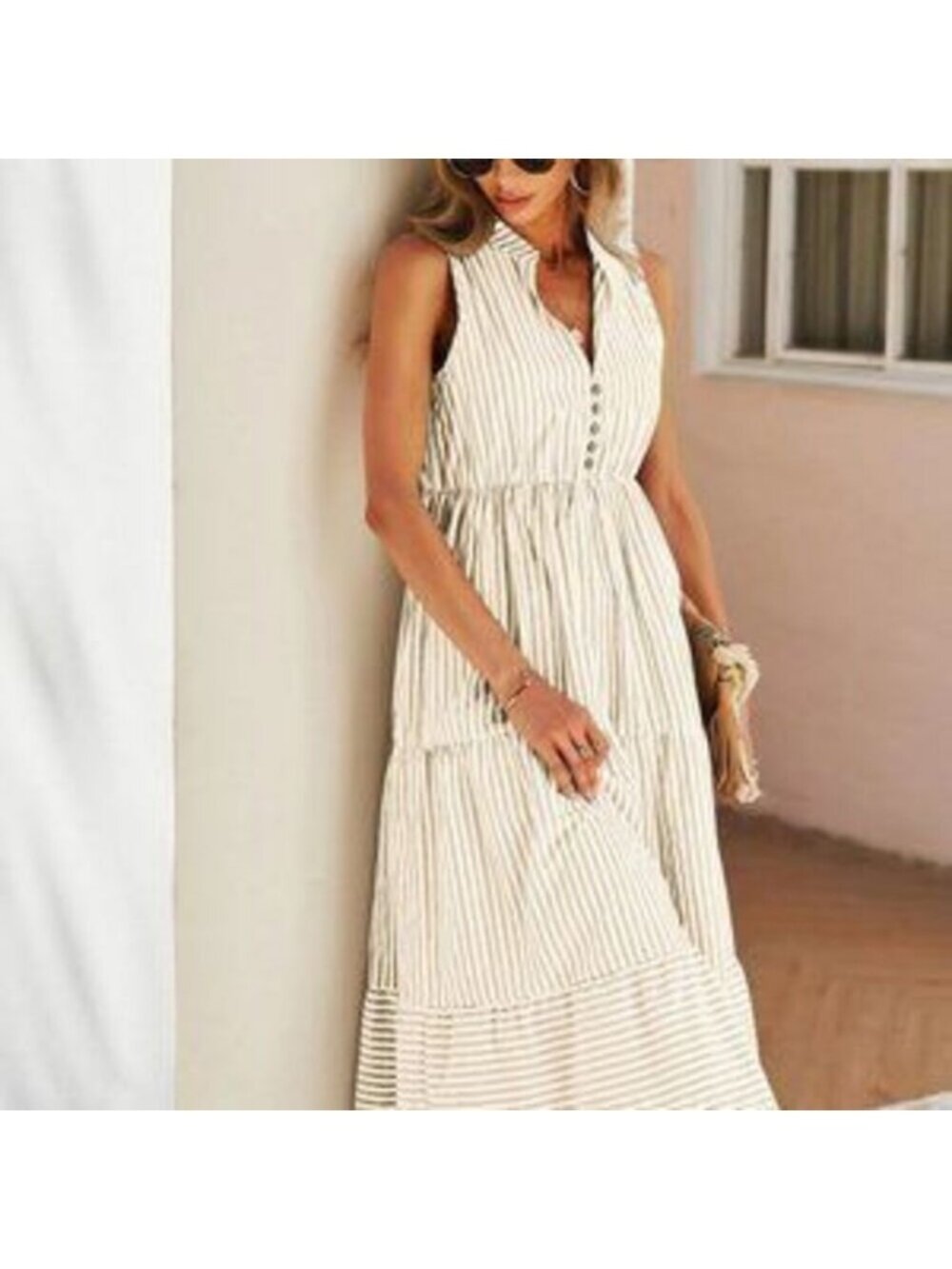 Multicolor Boho Womens Striped Print Notched Neck A-line Dress - Picture 3 of 3